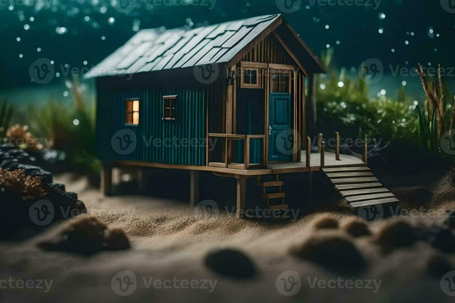 a miniature house on the beach with water and plants. AI-Generated photo