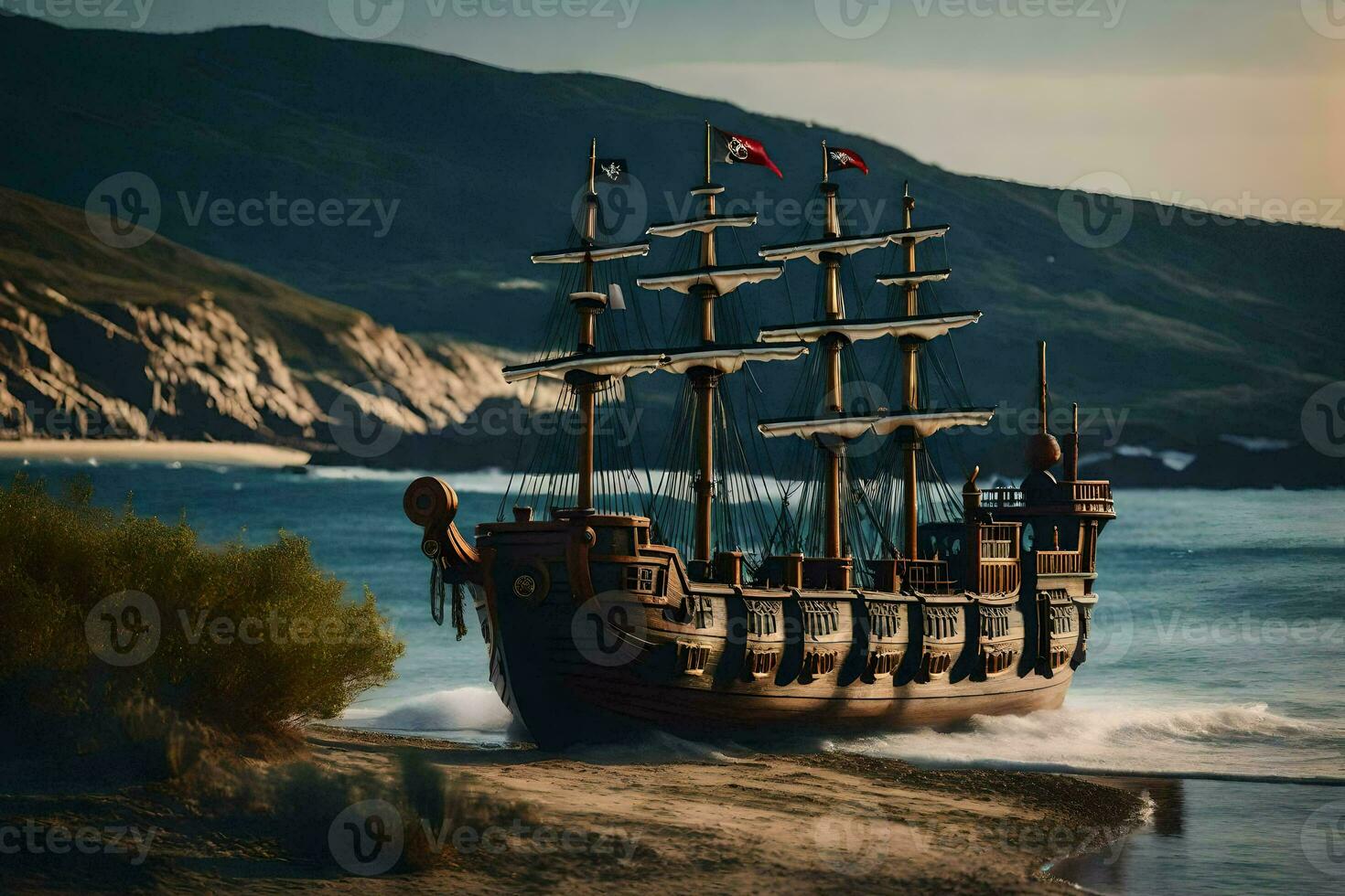a pirate ship is sailing on the ocean. AI-Generated photo