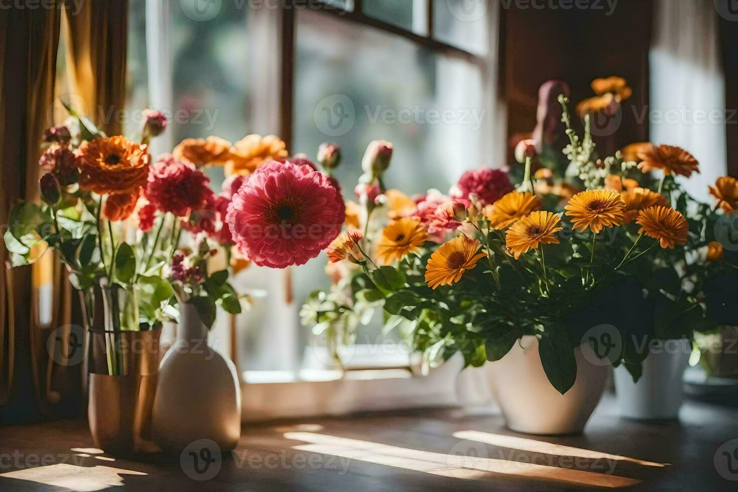 flowers in vases on a windowsill. AI-Generated photo