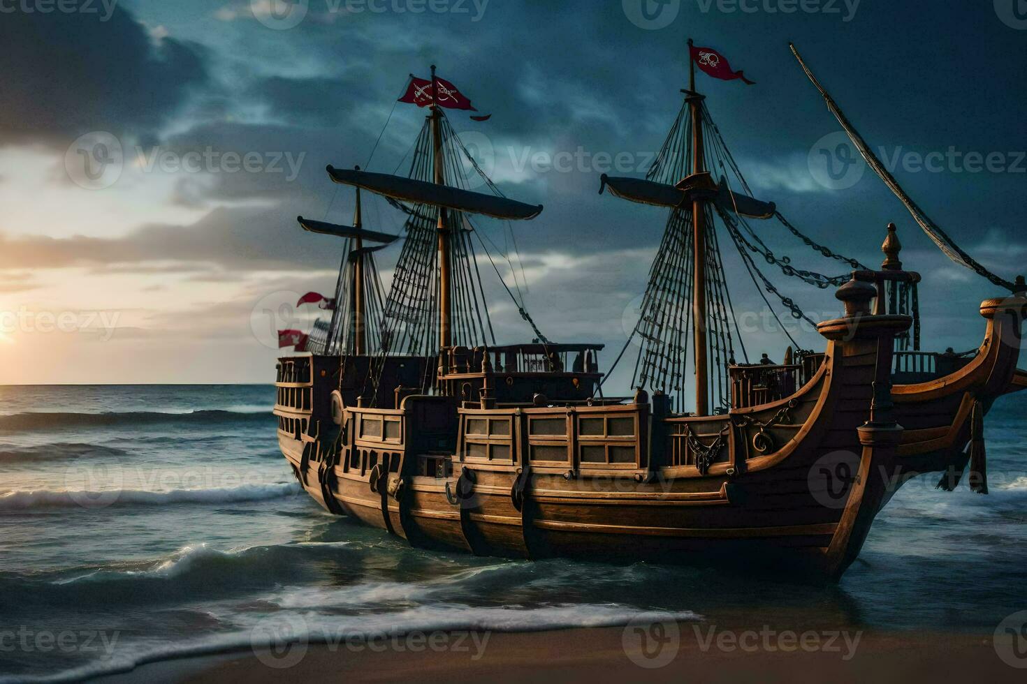 a pirate ship on the beach at sunset. AI-Generated photo