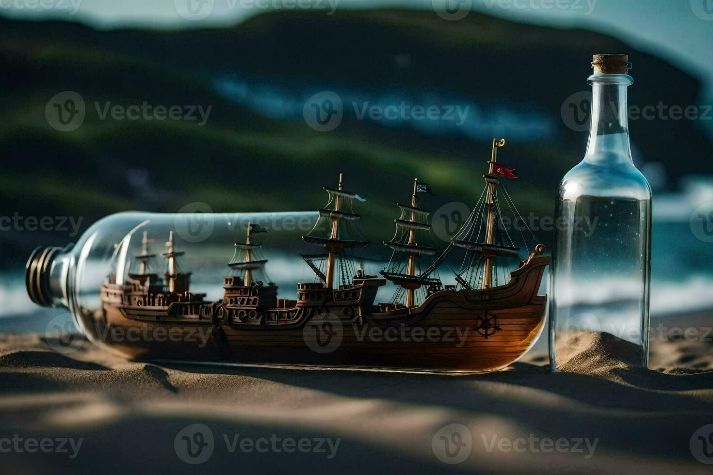 a bottle and a ship in a bottle on the beach. AI-Generated photo