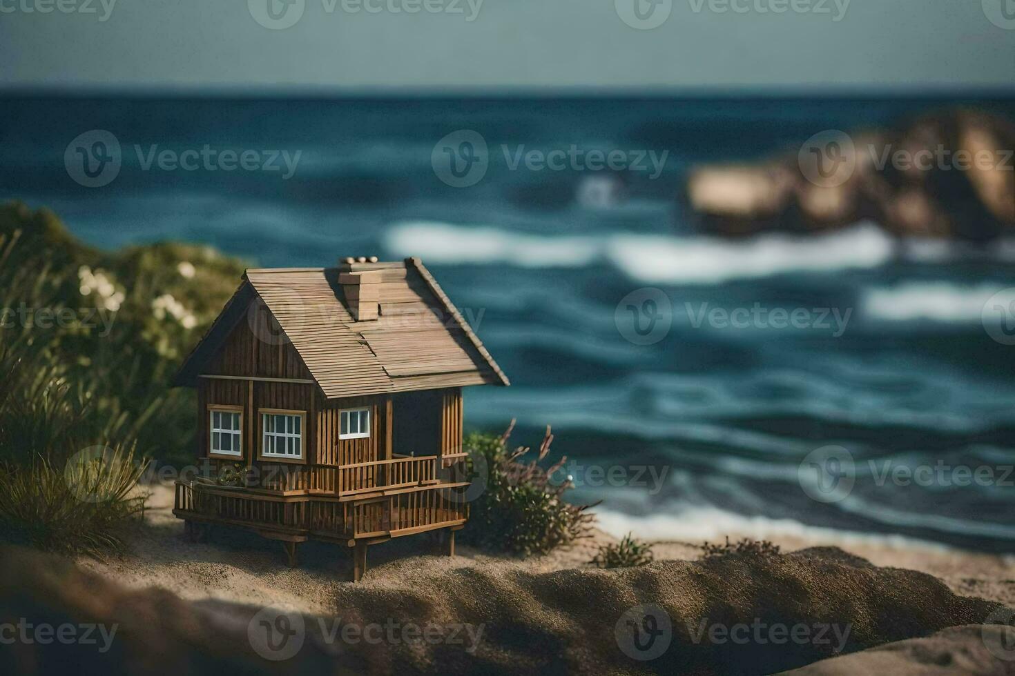 a miniature house on the beach by the ocean. AI-Generated photo
