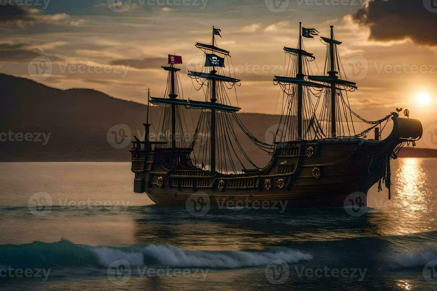 a pirate ship in the ocean at sunset. AI-Generated photo