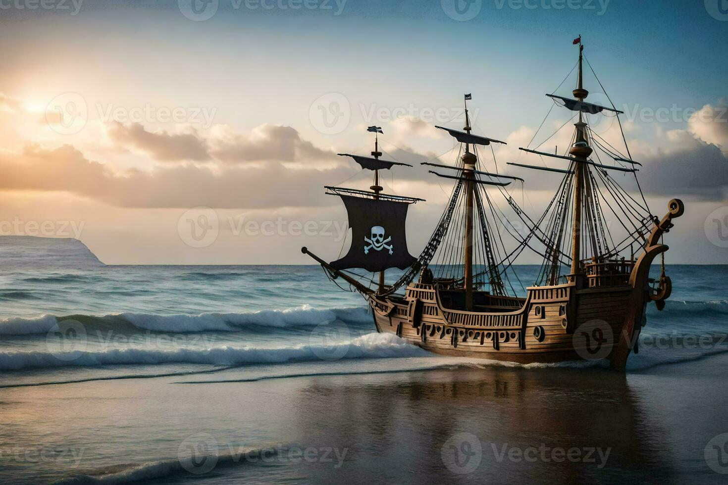 un pirata Embarcacion en el playa a puesta de sol. generado por ai foto