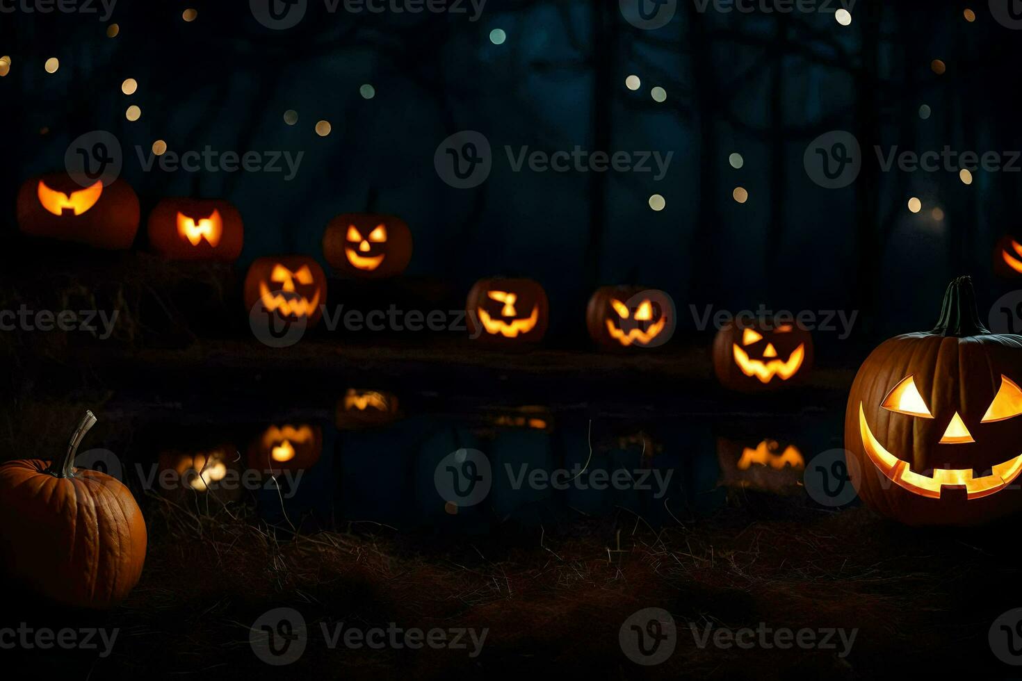 halloween pumpkins in the dark with lights. AI-Generated photo