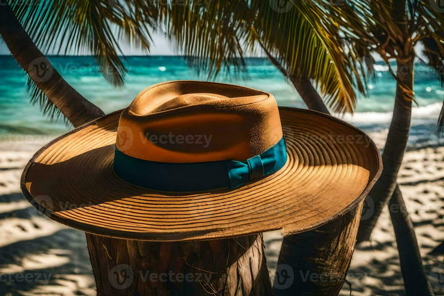 a hat sits on a wooden post near the beach. AI-Generated photo