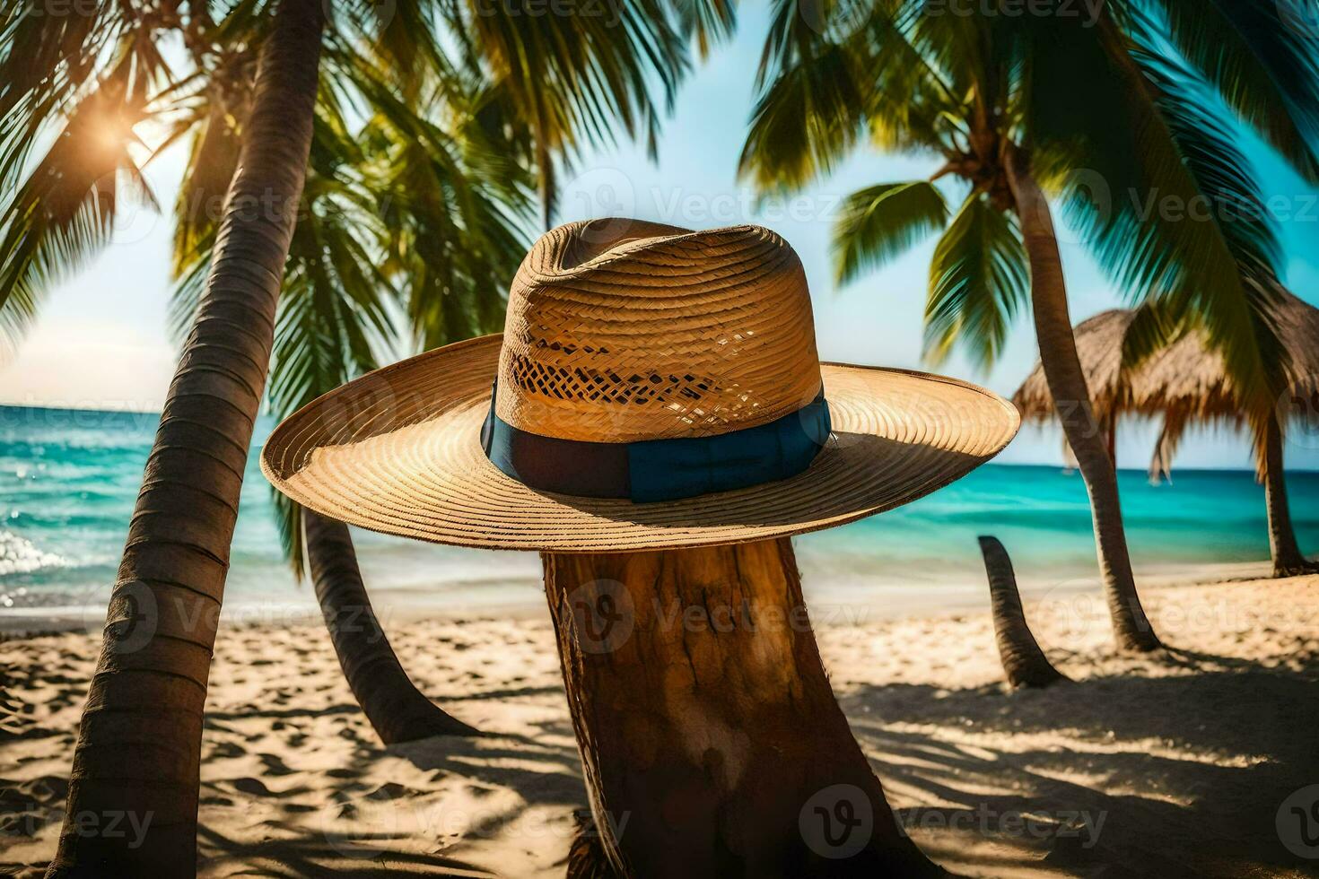 a hat sits on a tree stump on the beach. AI-Generated photo