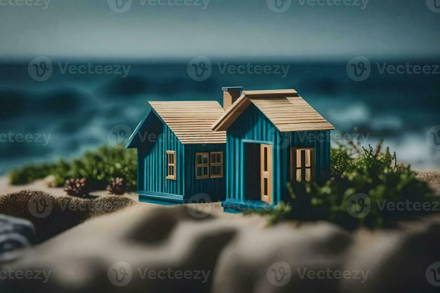 blue miniature houses on the beach. AI-Generated photo