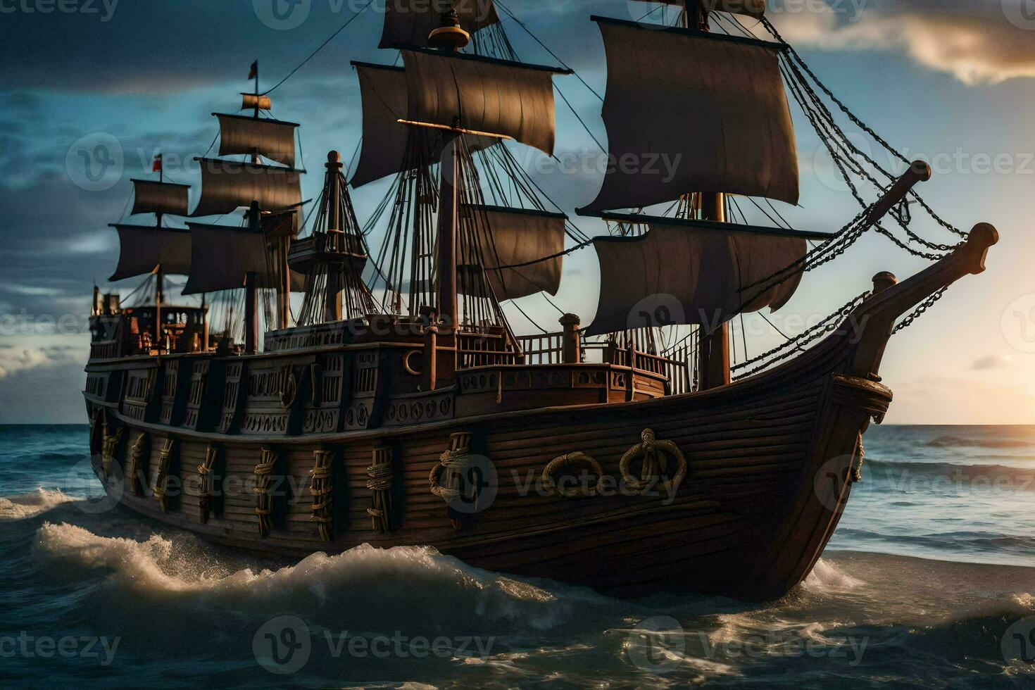 a pirate ship in the ocean at sunset. AI-Generated photo