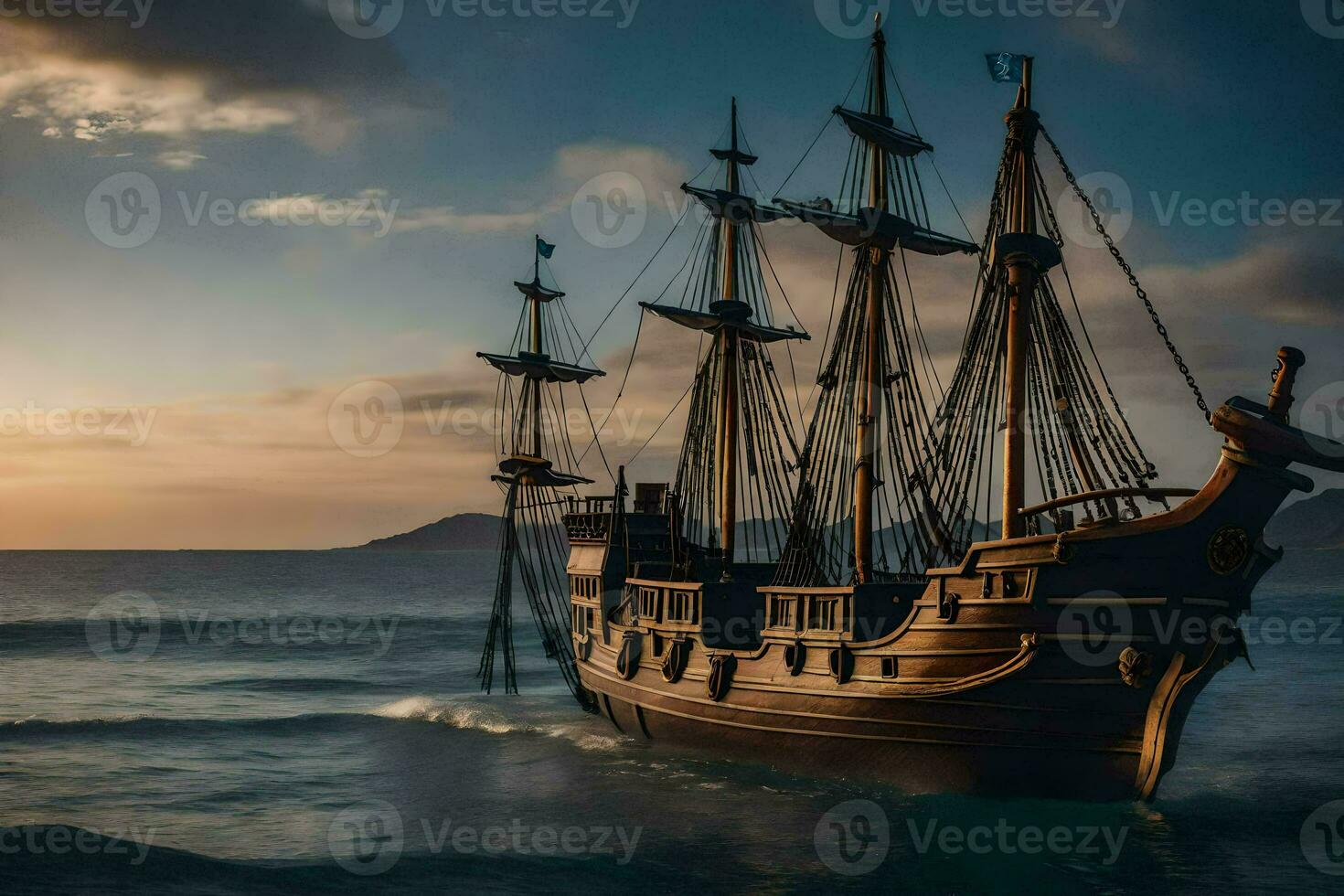 a pirate ship in the ocean at sunset. AI-Generated photo