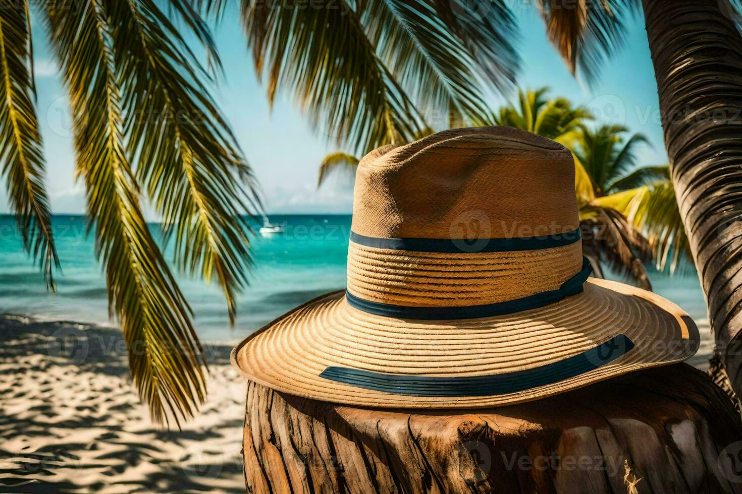 a hat sits on a wooden post near the ocean. AI-Generated photo