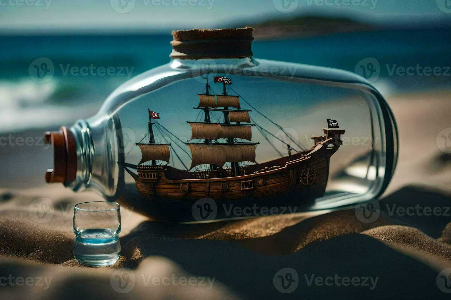 a bottle with a ship inside it on the beach. AI-Generated photo