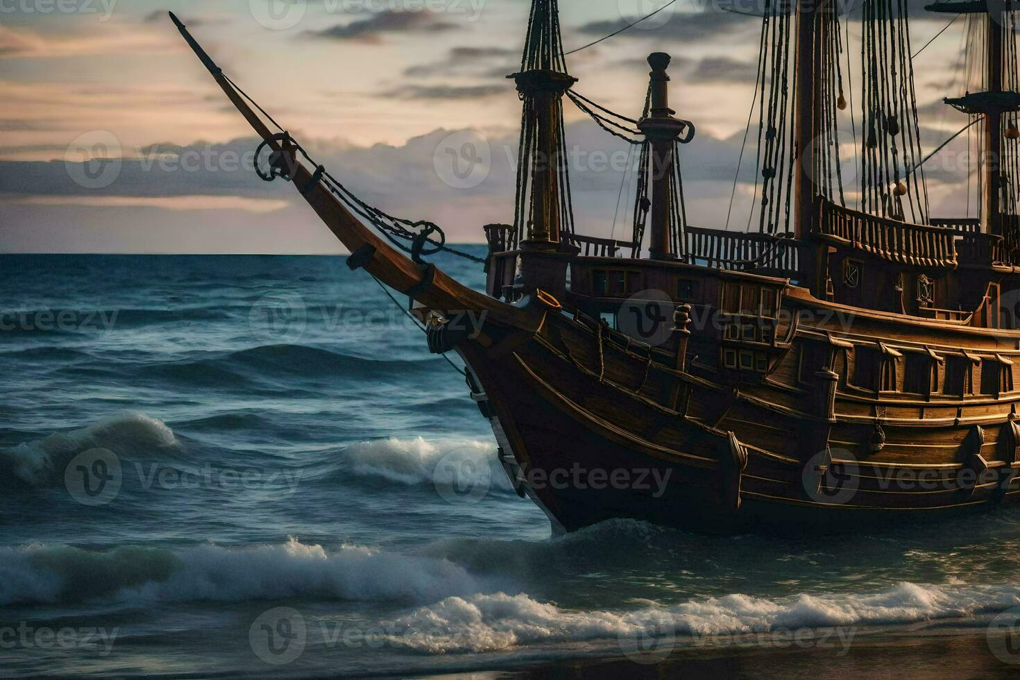 a pirate ship is sailing on the ocean. AI-Generated photo