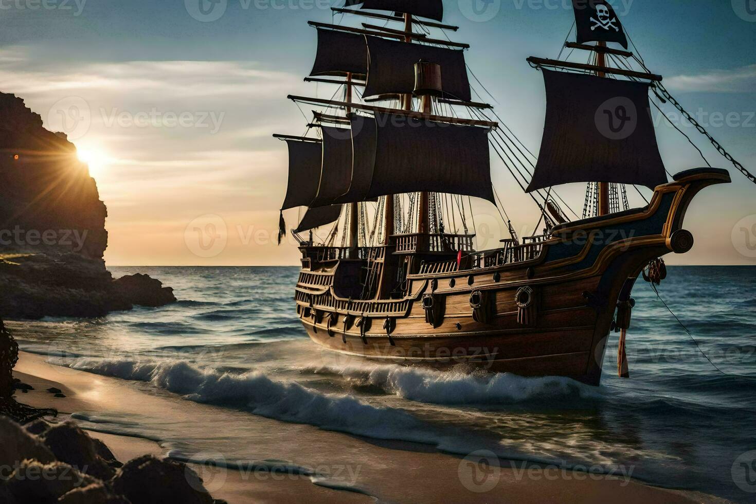 a pirate ship is sailing on the ocean at sunset. AI-Generated photo
