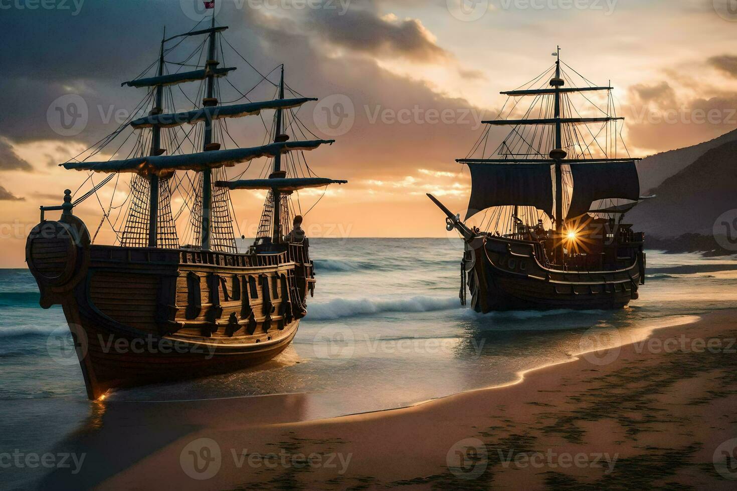 two ships on the beach at sunset. AI-Generated photo