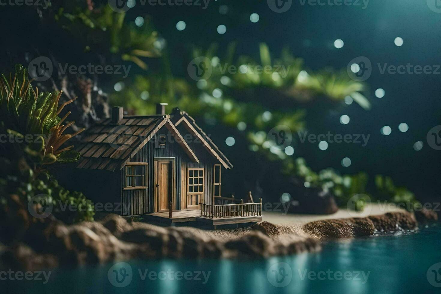 a miniature house on a small island in the middle of the water. AI-Generated photo