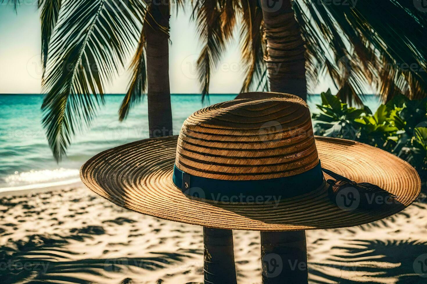 a hat sits on the beach near palm trees. AI-Generated photo