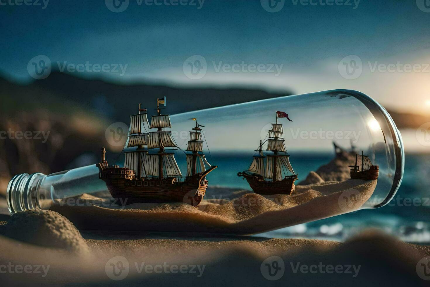 ship in a bottle, sand, beach, sand, sand art, sand art, sand art. AI-Generated photo