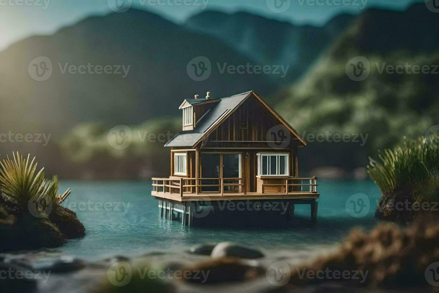 a tiny house on a dock in the middle of a lake. AI-Generated photo