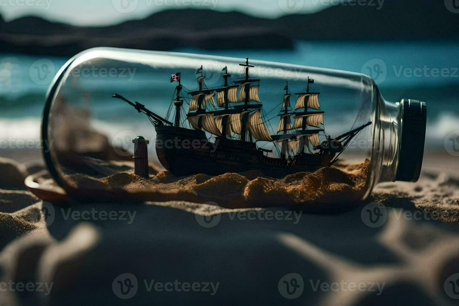 a ship in a bottle on the beach. AI-Generated photo