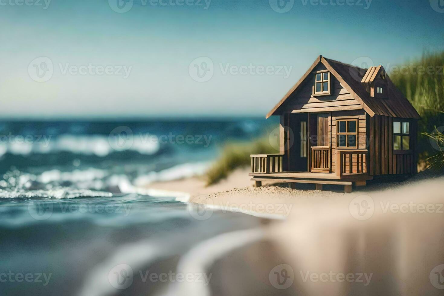 minúsculo casa en el playa. generado por ai foto