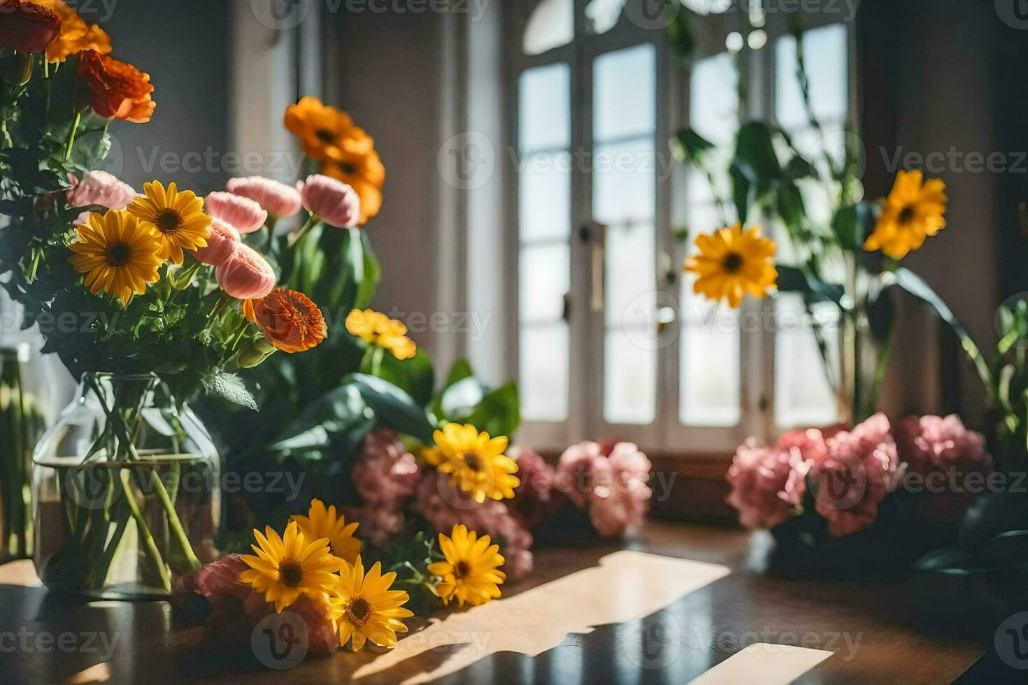 flowers in vases on a table in front of a window. AI-Generated photo