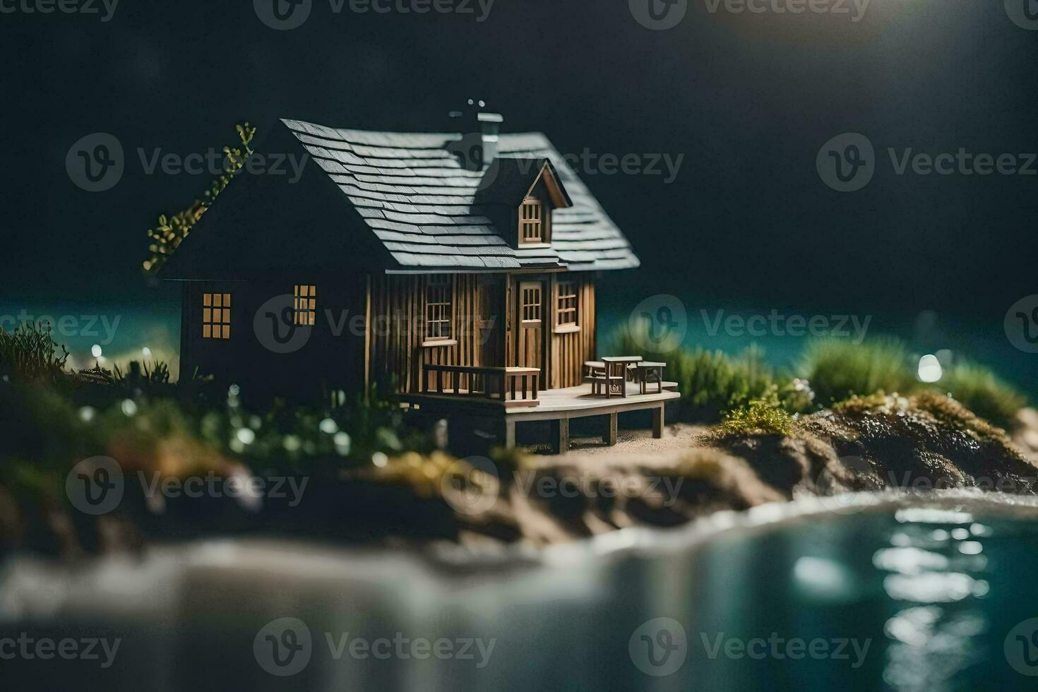 un miniatura casa en un pequeño isla por el agua. generado por ai foto