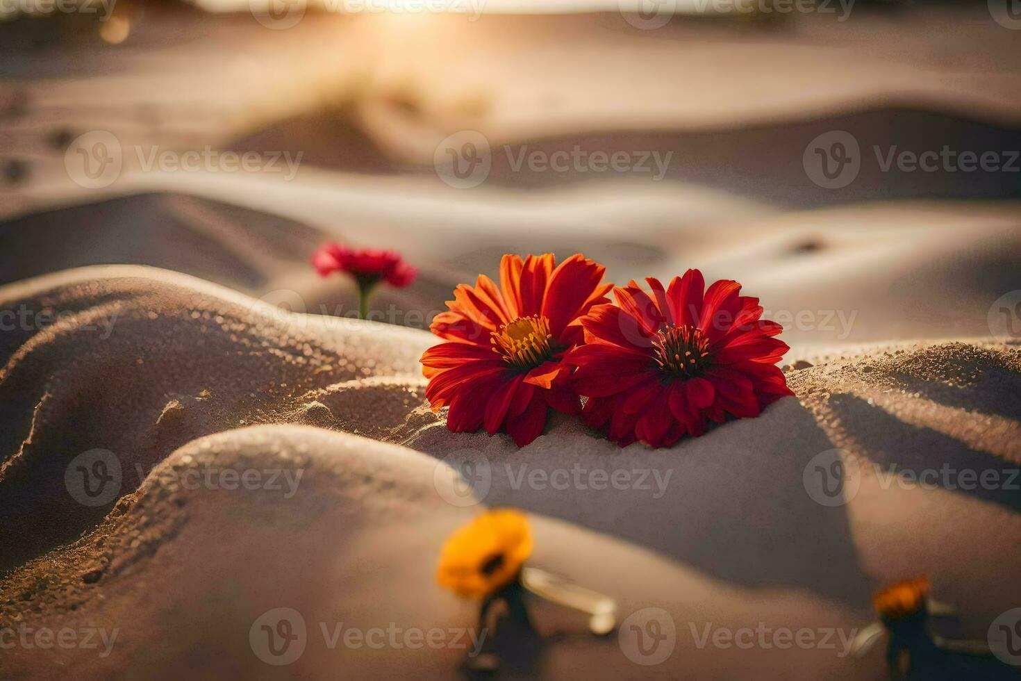 photo wallpaper sand, flowers, the sun, the desert, flowers, the desert, flowers,. AI-Generated