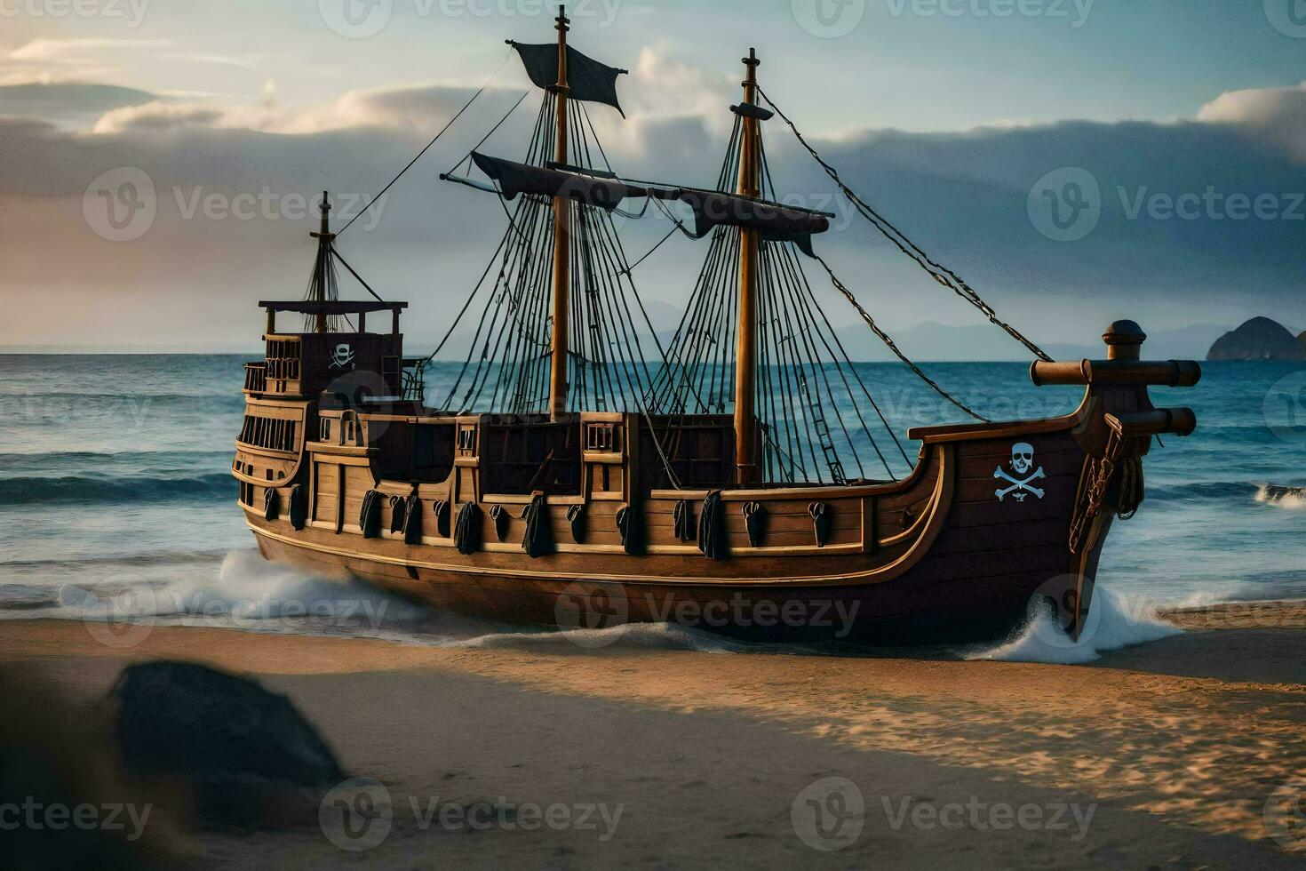 a pirate ship on the beach at sunset. AI-Generated photo