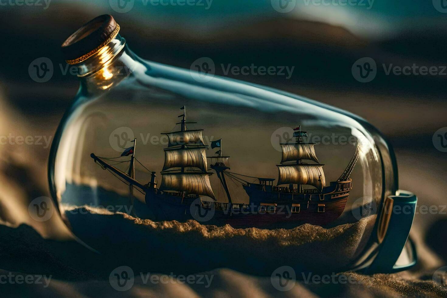 a ship in a bottle on the beach. AI-Generated photo