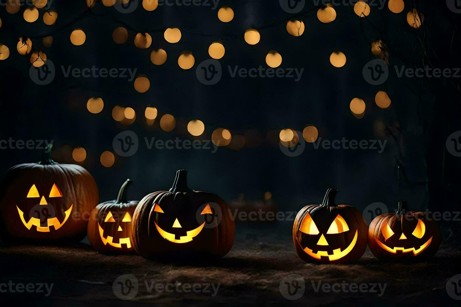 halloween pumpkins in the dark with lights. AI-Generated photo