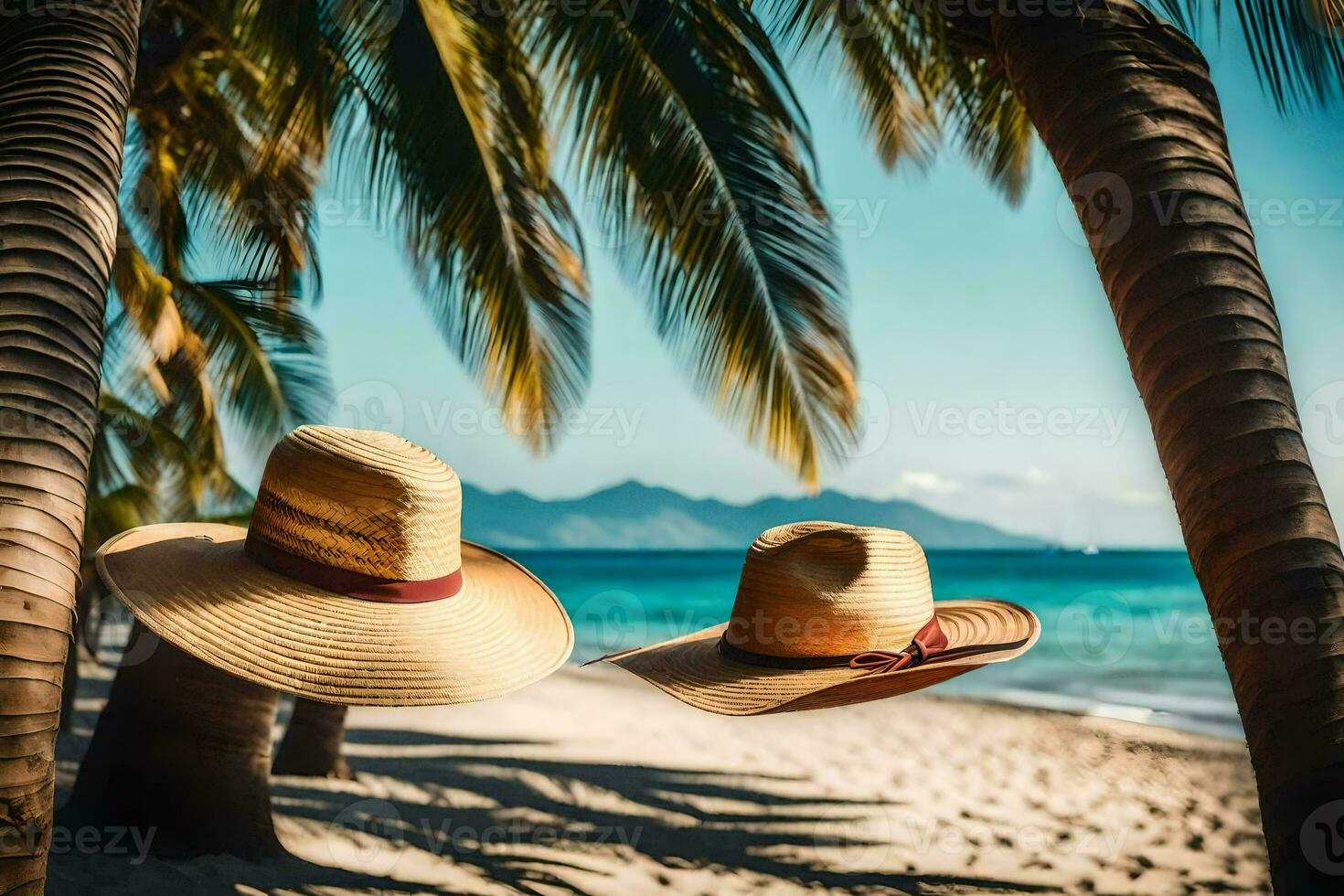 two hats hanging from palm trees on a beach. AIGenerated 30162536