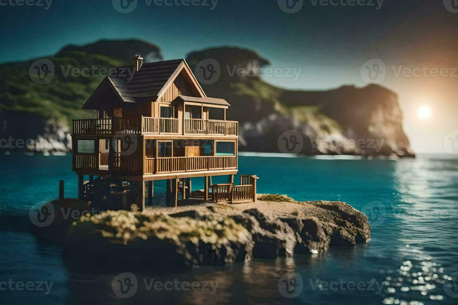 a miniature house on an island in the ocean. AI-Generated photo