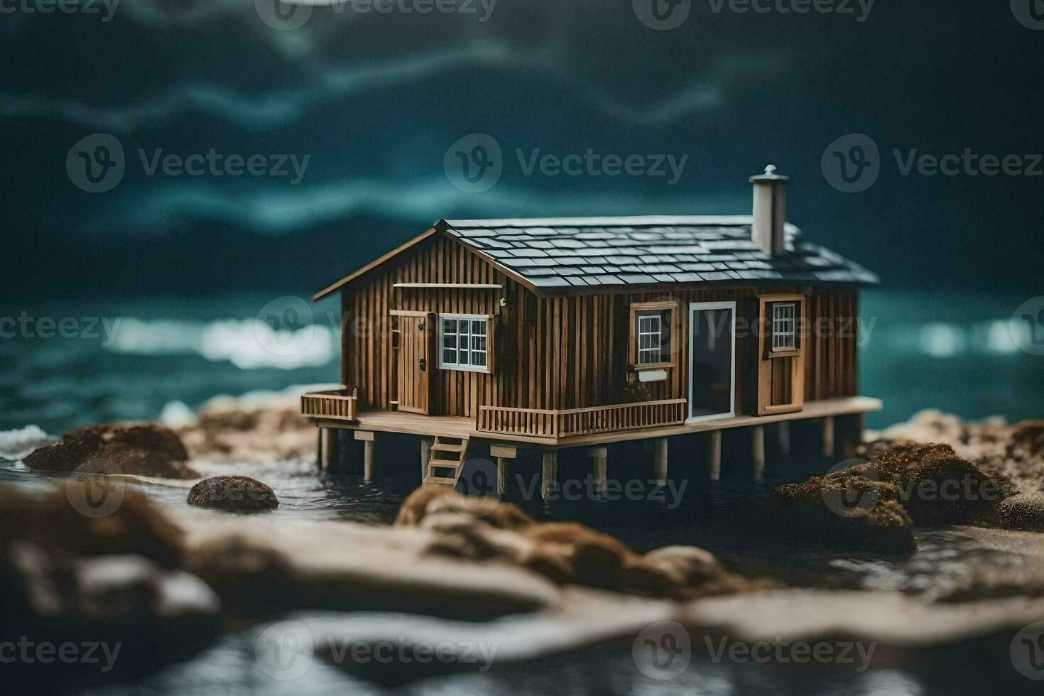 a miniature wooden house on the shore of the ocean. AI-Generated photo