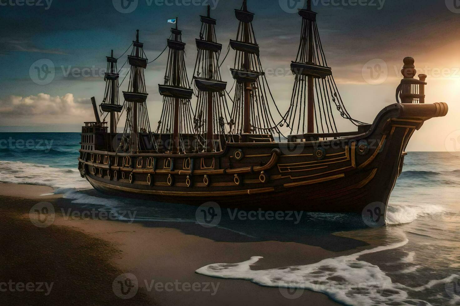 a pirate ship on the beach at sunset. AI-Generated photo