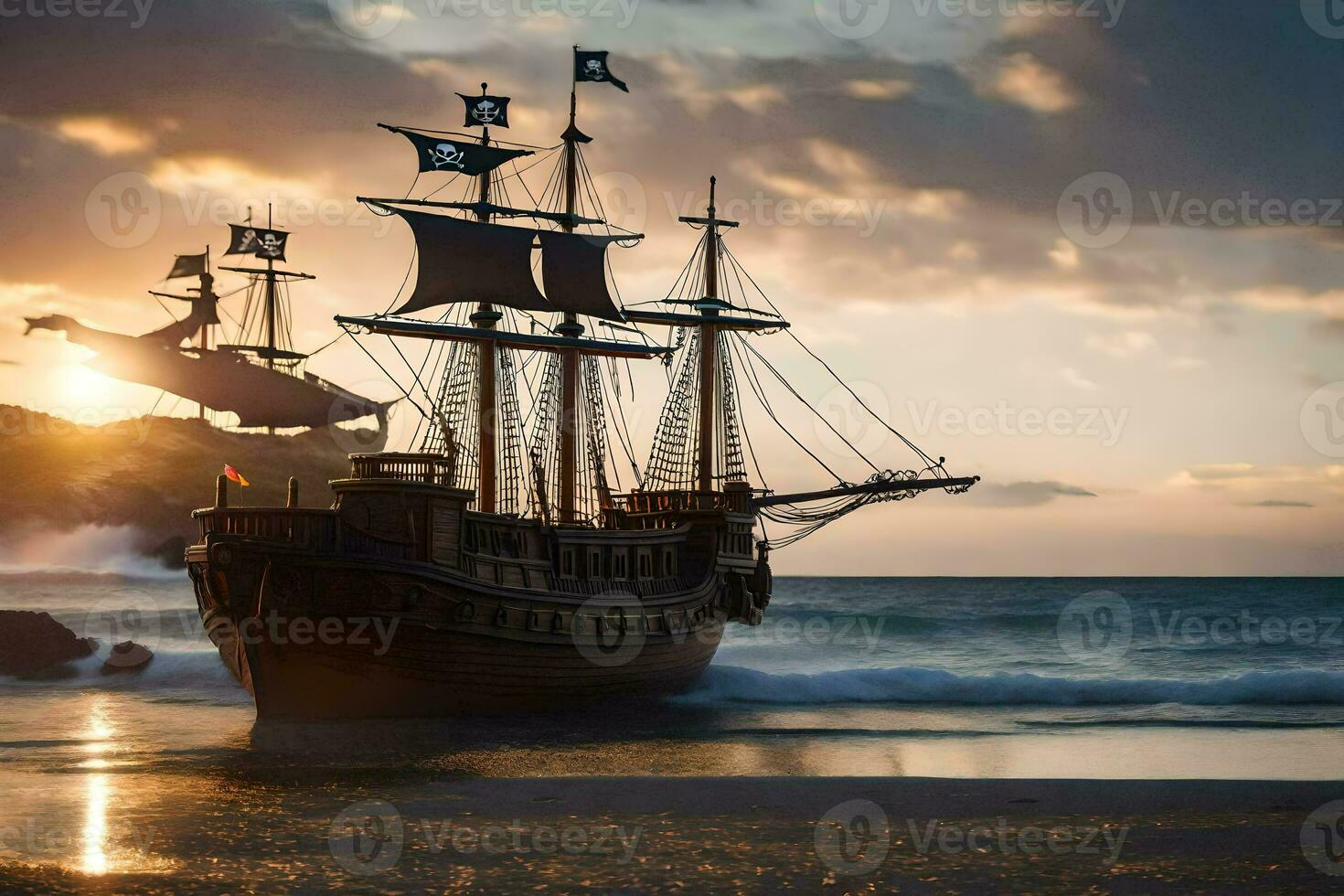 a pirate ship is on the beach at sunset. AI-Generated photo