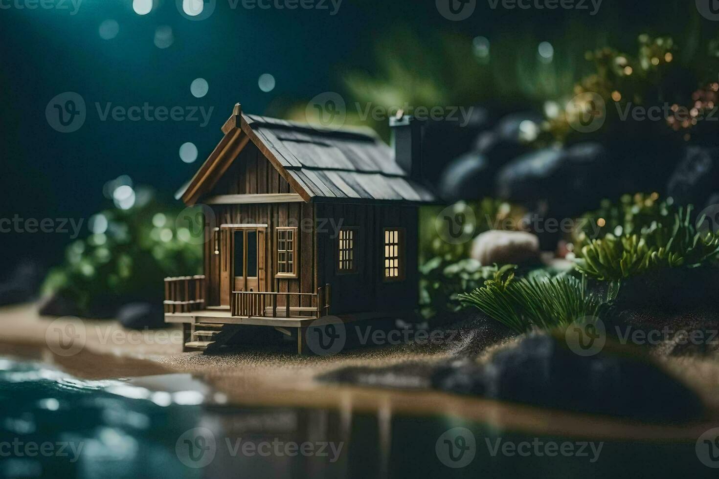 tiny house on the beach at night. AI-Generated photo