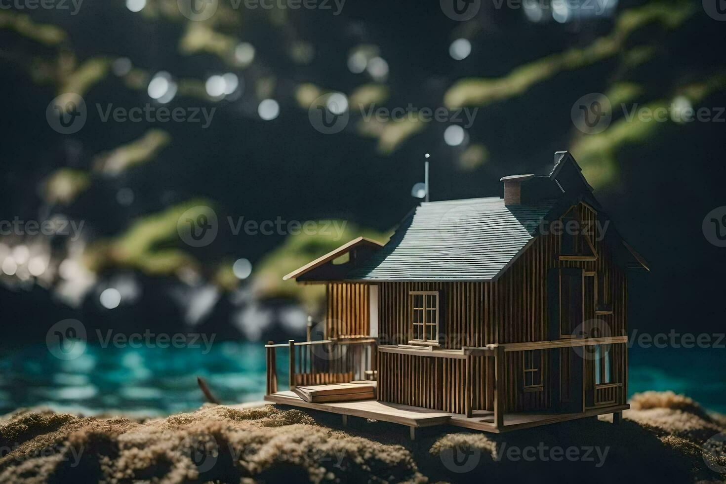 a miniature wooden house on the shore of a lake. AI-Generated photo