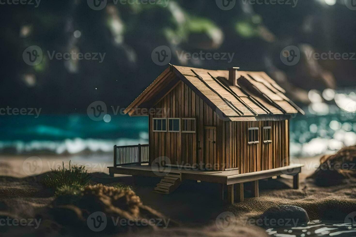 a miniature wooden house on the beach. AI-Generated photo