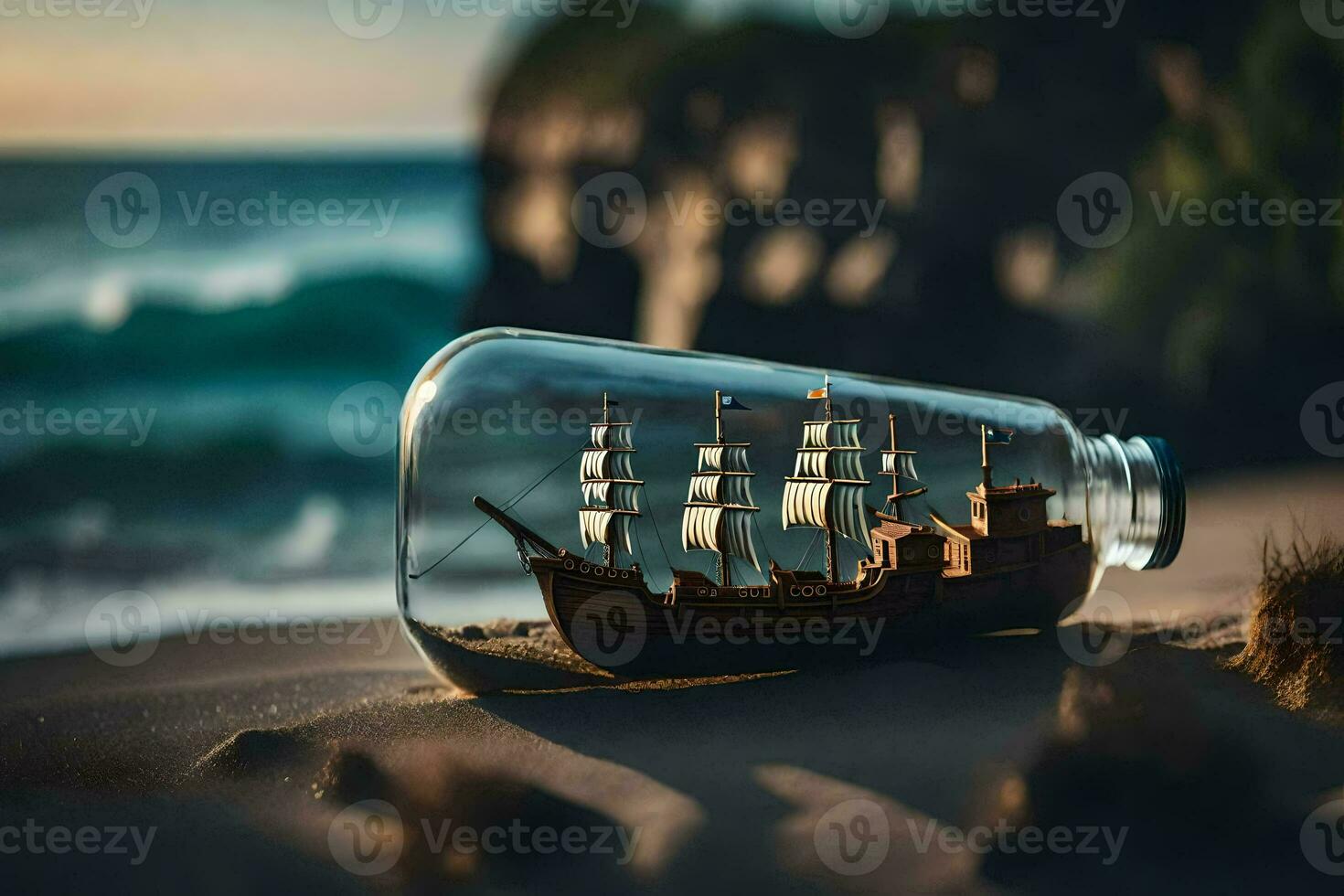 ship in a bottle on the beach. AI-Generated photo