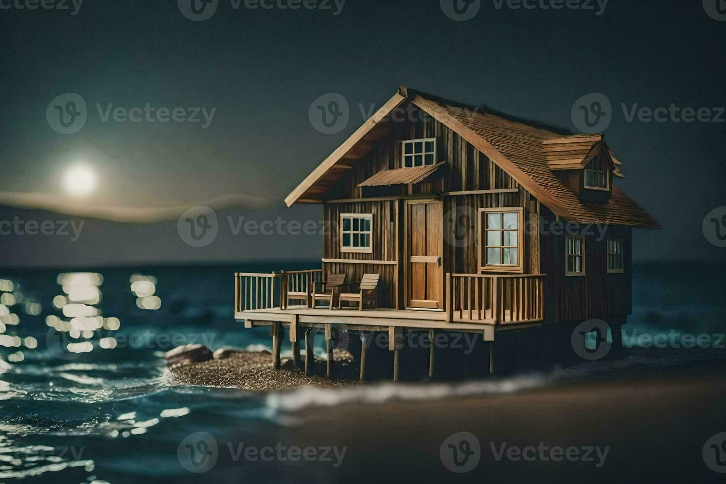 a miniature house on the beach at night. AI-Generated photo