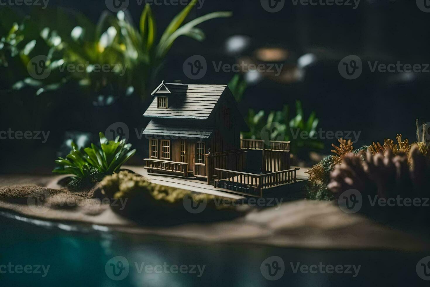 a miniature house on a small island surrounded by plants. AI-Generated photo