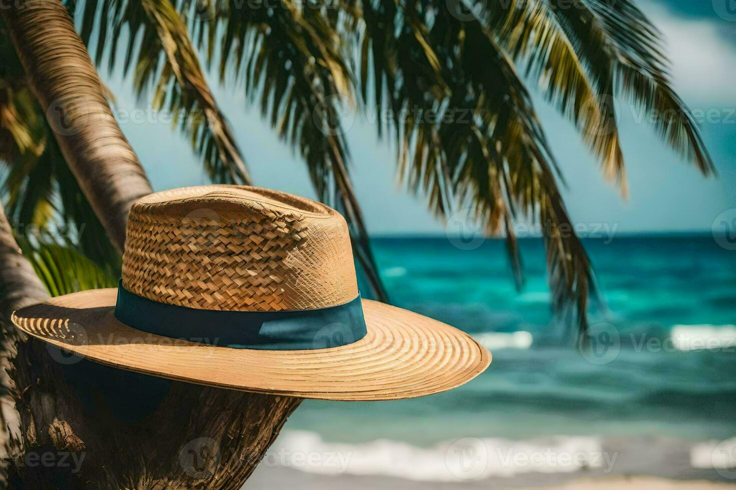 a straw hat on a palm tree on the beach. AI-Generated photo