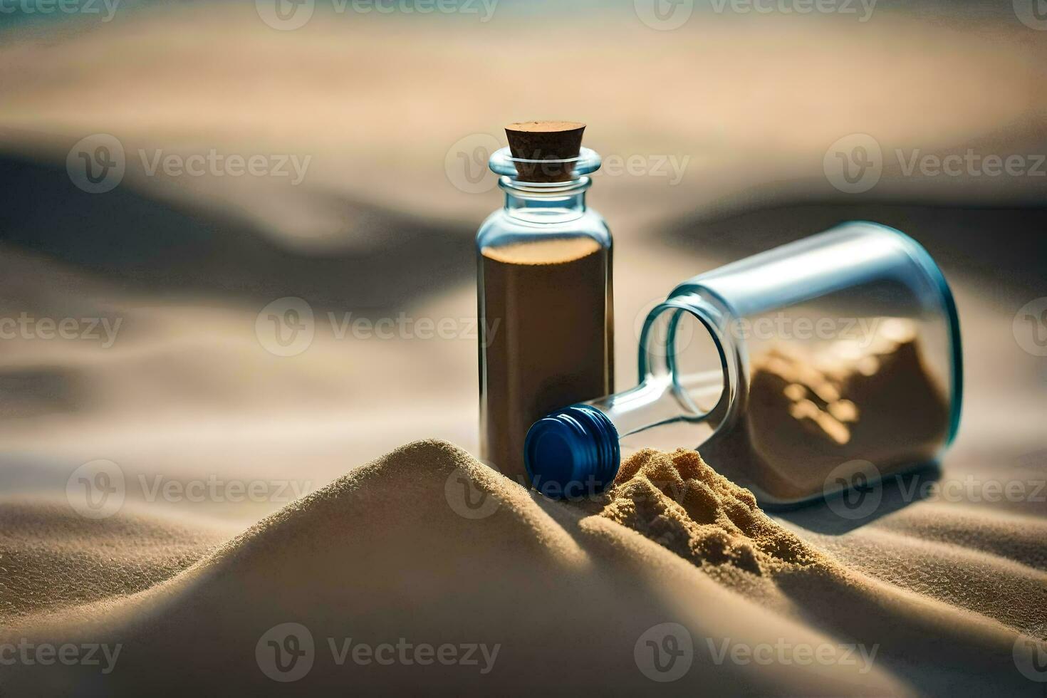 a bottle of sand and a message in a bottle. AI-Generated photo