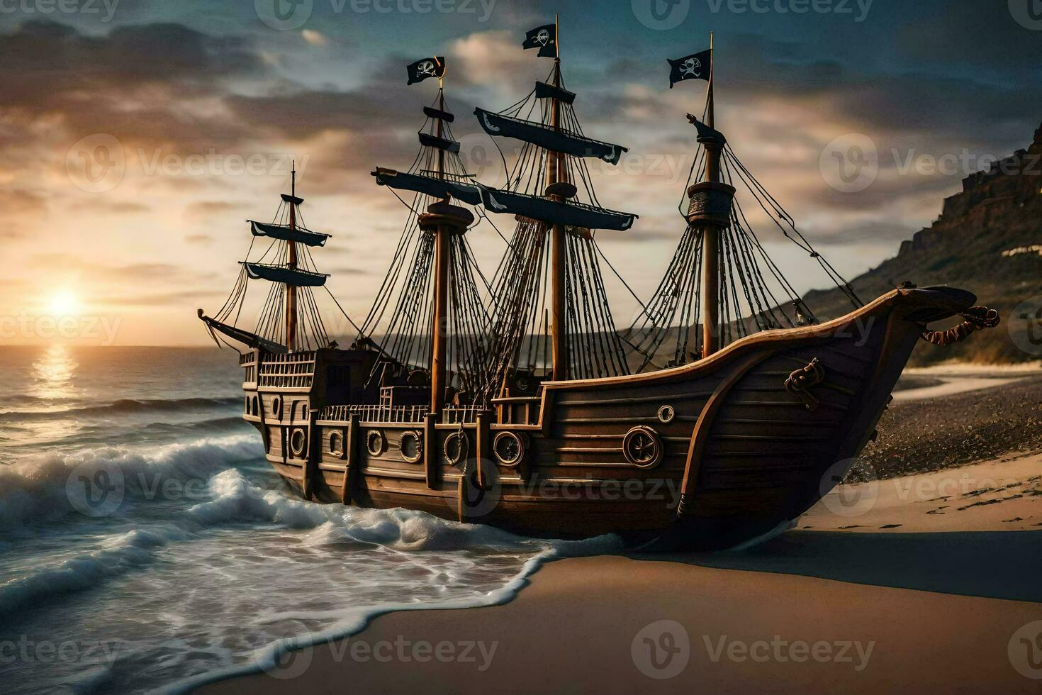 a pirate ship on the beach at sunset. AI-Generated photo
