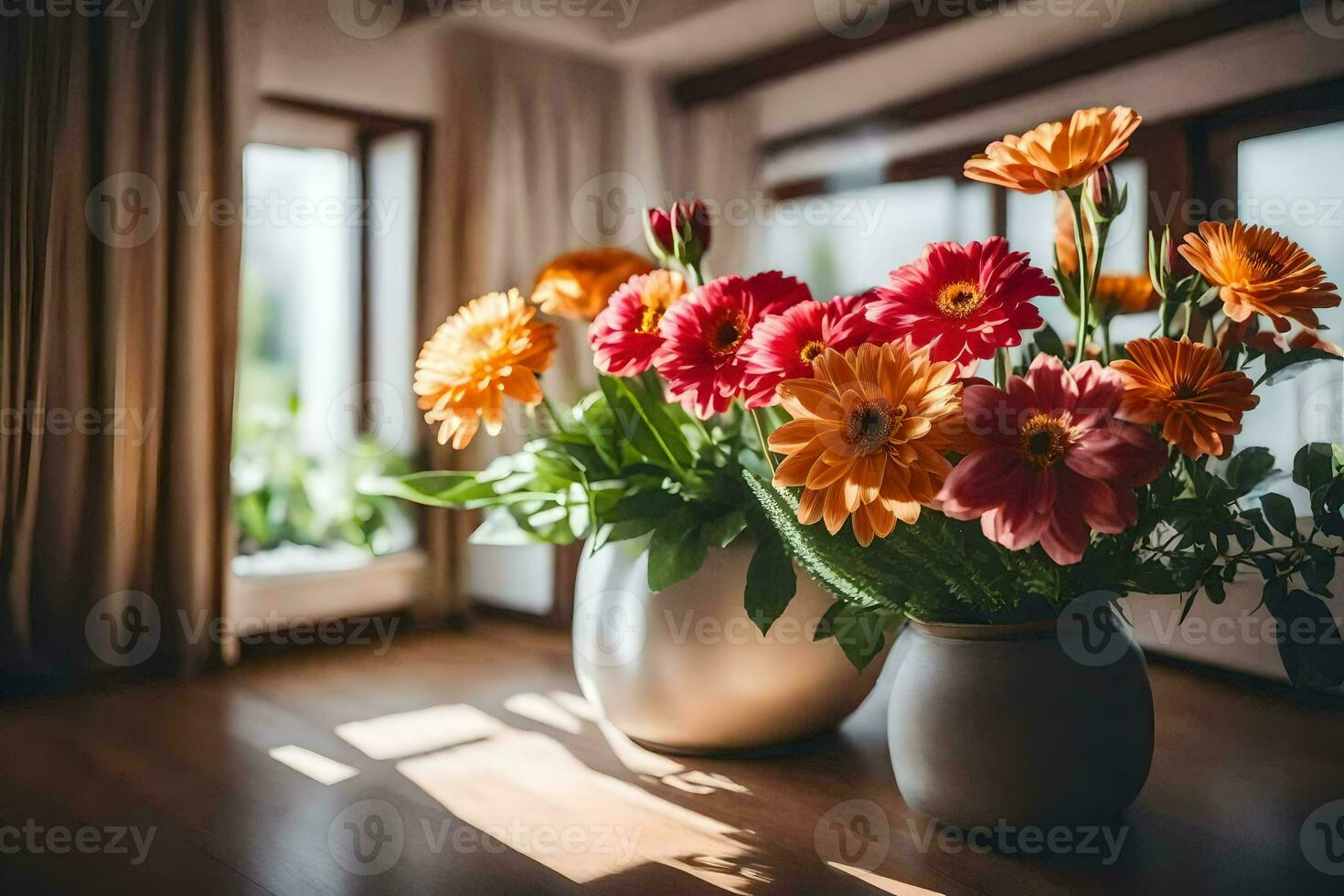 flowers in a vase on a wooden floor. AI-Generated photo