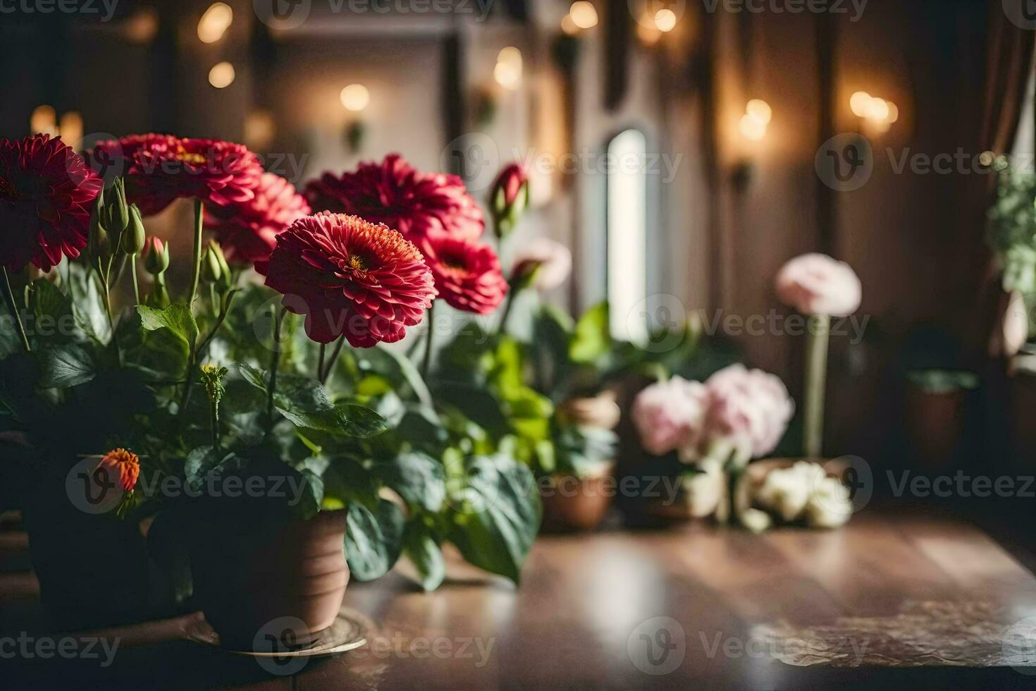 red flowers in pots on a table in front of a window. AI-Generated photo