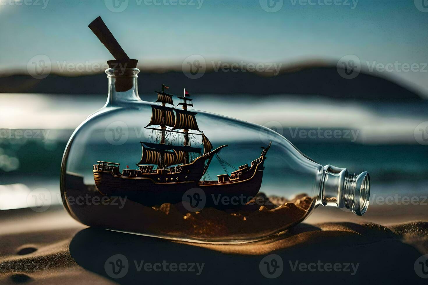 a ship in a bottle on the beach. AI-Generated photo