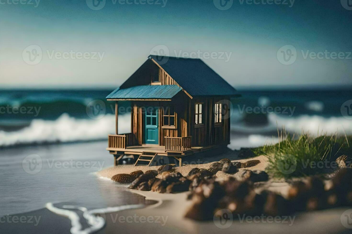 a miniature house on the beach by the ocean. AI-Generated photo