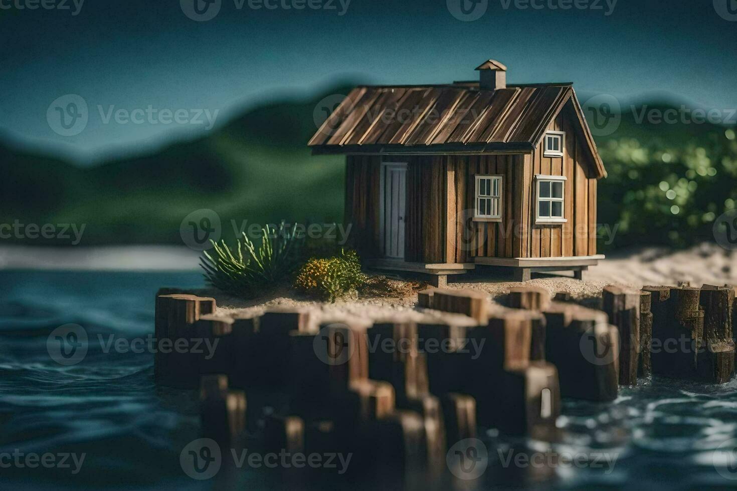 a small wooden house on a small island. AI-Generated photo
